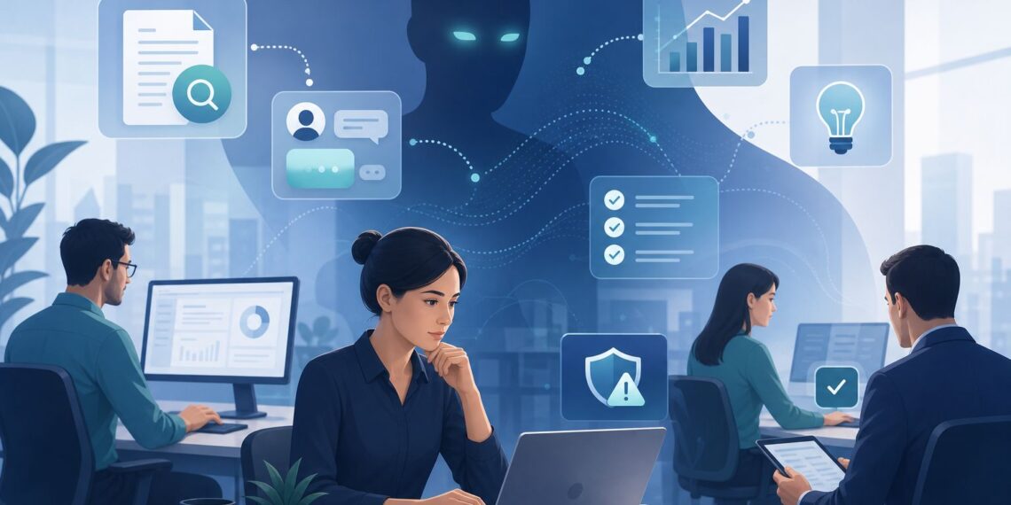 Ilustração editorial sobre Shadow AI em empresas, com uso invisível de inteligência artificial no ambiente corporativo.
