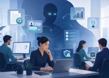 Ilustração editorial sobre Shadow AI em empresas, com uso invisível de inteligência artificial no ambiente corporativo.