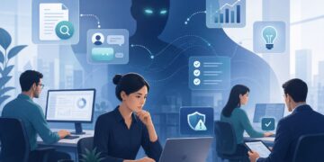 Ilustração editorial sobre Shadow AI em empresas, com uso invisível de inteligência artificial no ambiente corporativo.